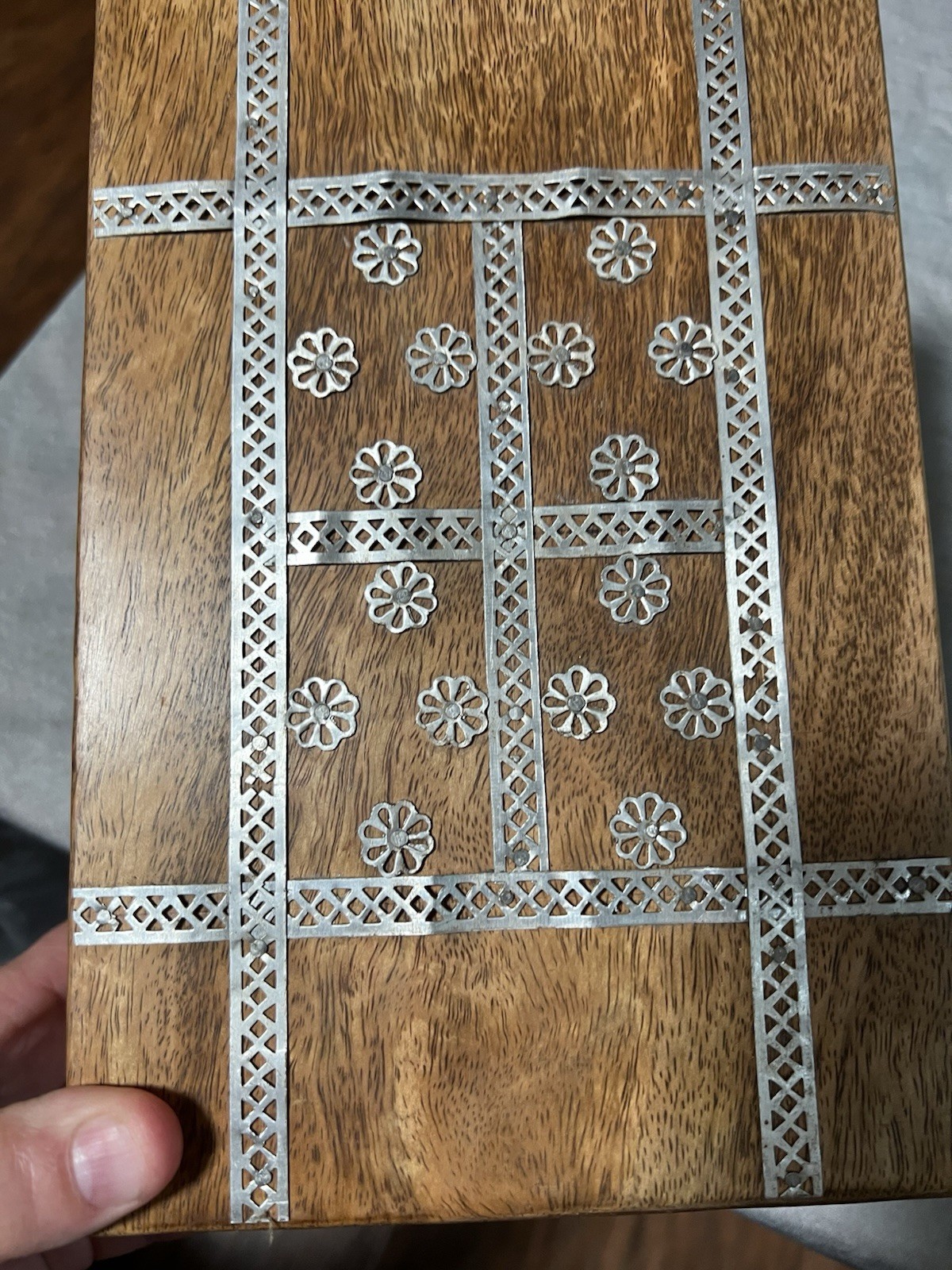 Wooden Floral Inlay Jewelry Box Hinged Lid Brown/Silver Tone 9x6x4 in