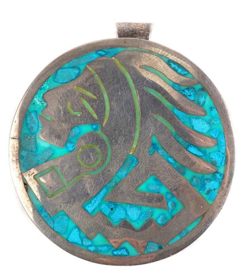 Mayan Head Pendant Silver Turquoise Mexico 925 Sterling