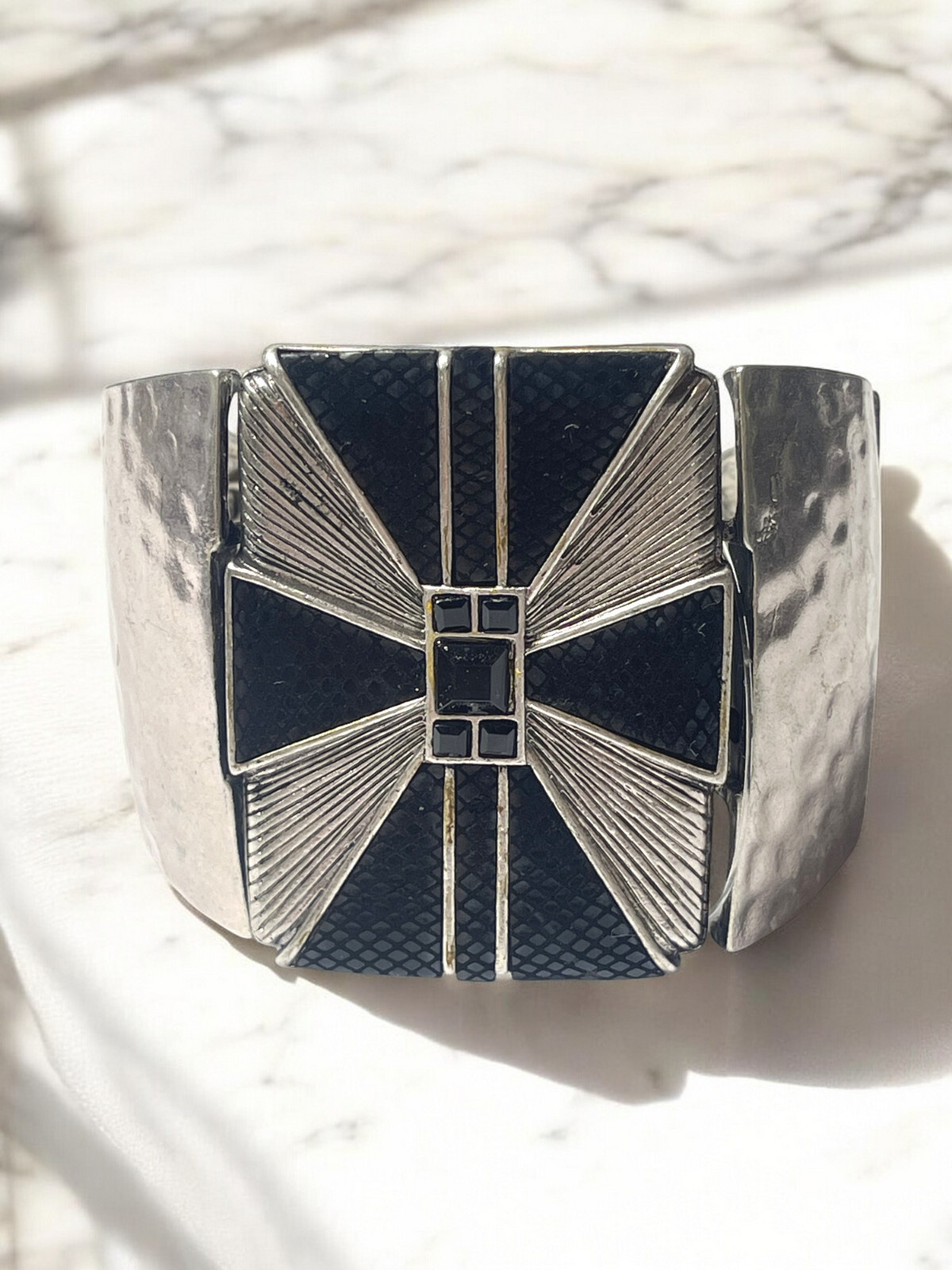 Hammered Silver Tone Cross Statement Cuff – Red / Black Options, Art Deco Cross