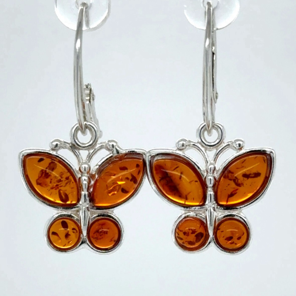 Cognac Brown BALTIC AMBER Butterfly Leveback Earrings 925 STERLING SILVER #5528e