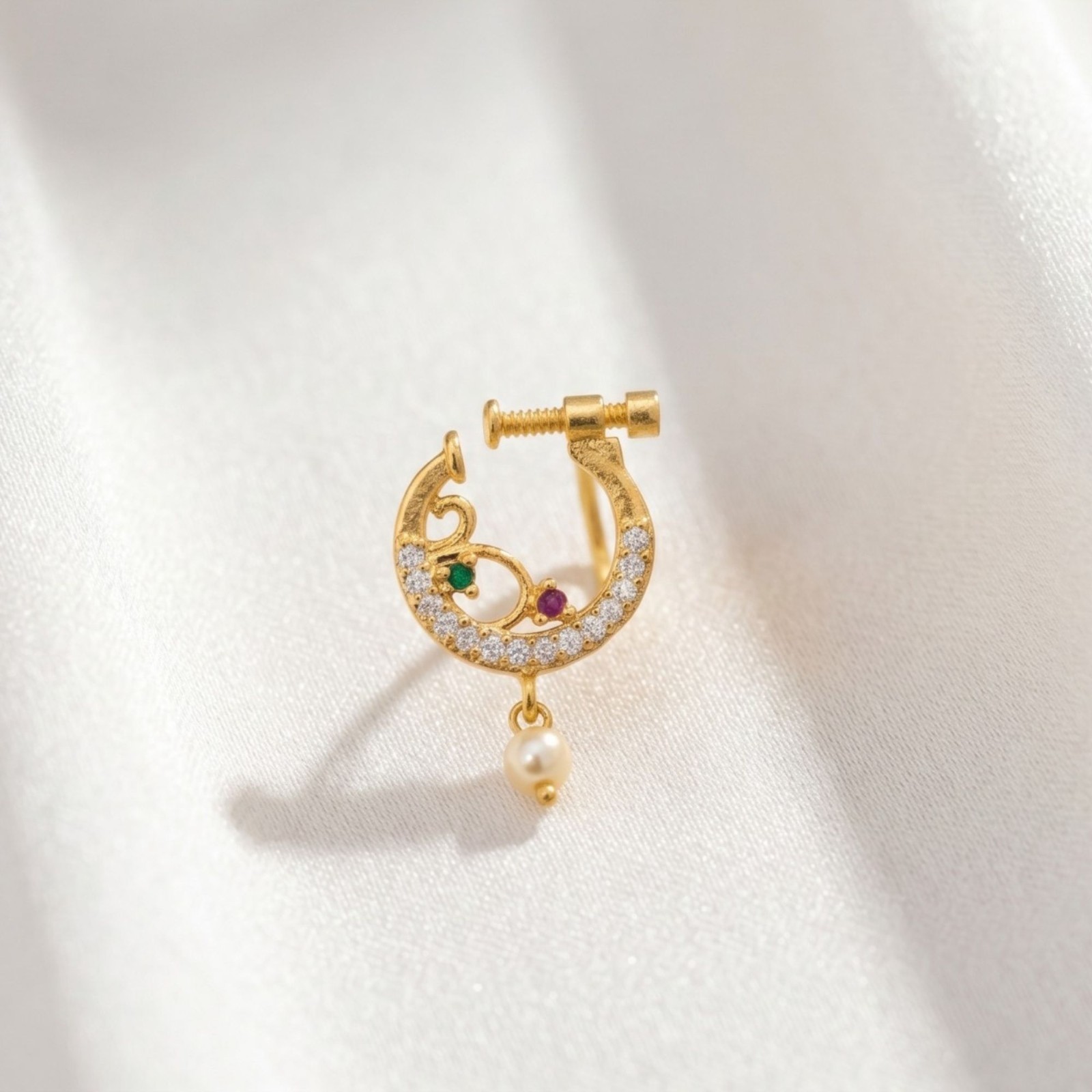 Gold Plated CZ Indian Nose Ring Set: Bridal Nath, Non-Piercing Clip On