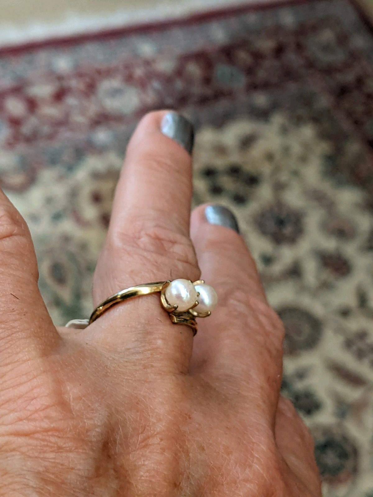14K DOUBLE PEARL AND DIAMOND RING YELLOW GOLD SIZE 6 2.6 GRAMS