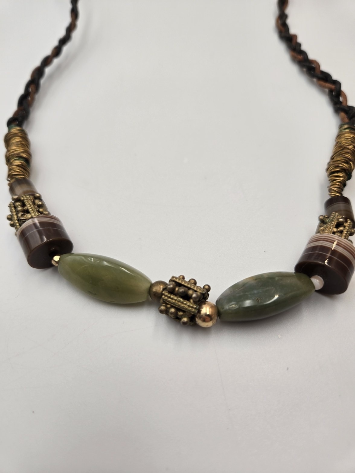 Boho Banded Agate style Brass color Beaded Braided Necklace western tribal 134