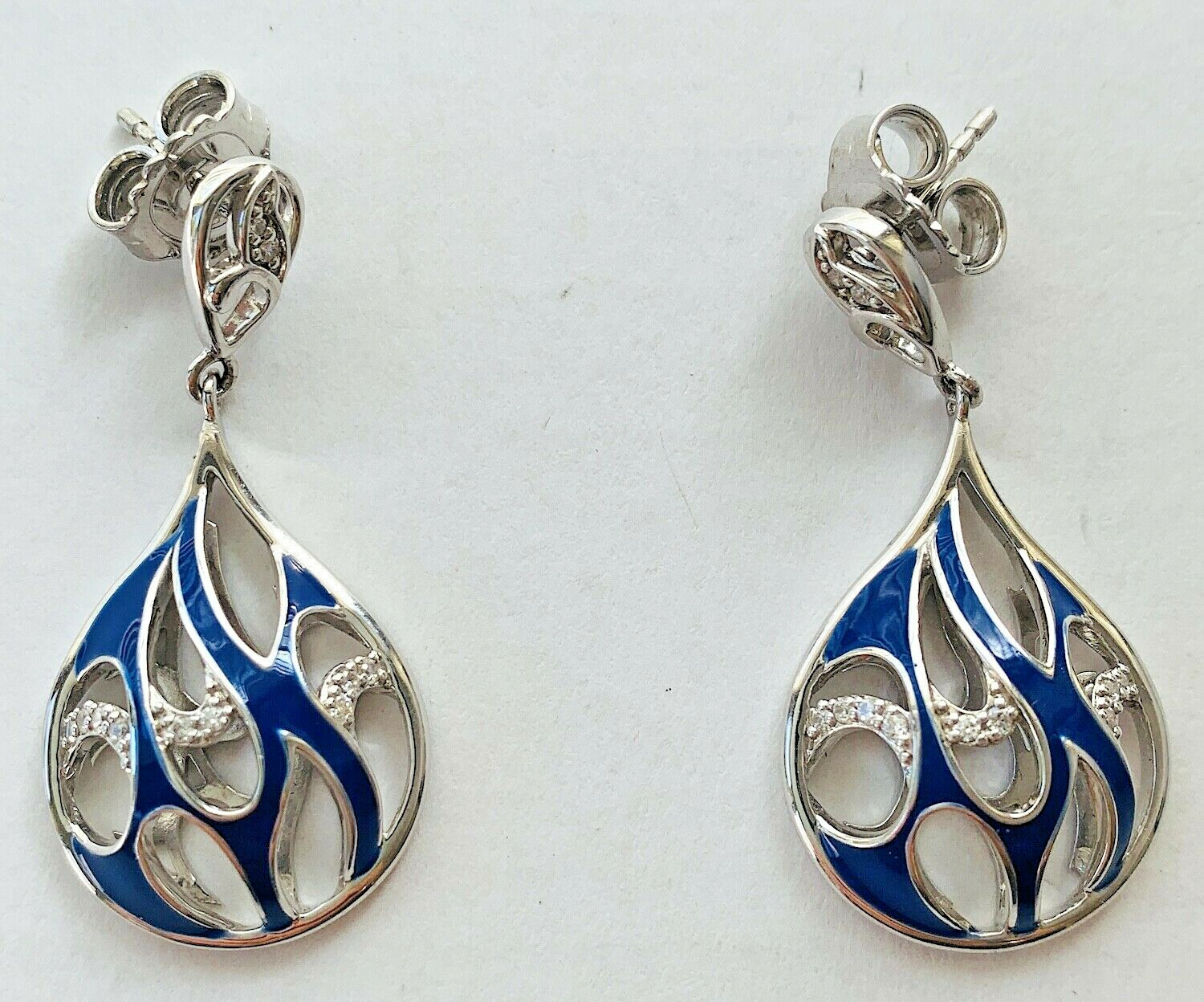 NEW Belle Etoile Blue Enamel Marea Earrings w/ Rhodium Plated Sterling Silver CZ