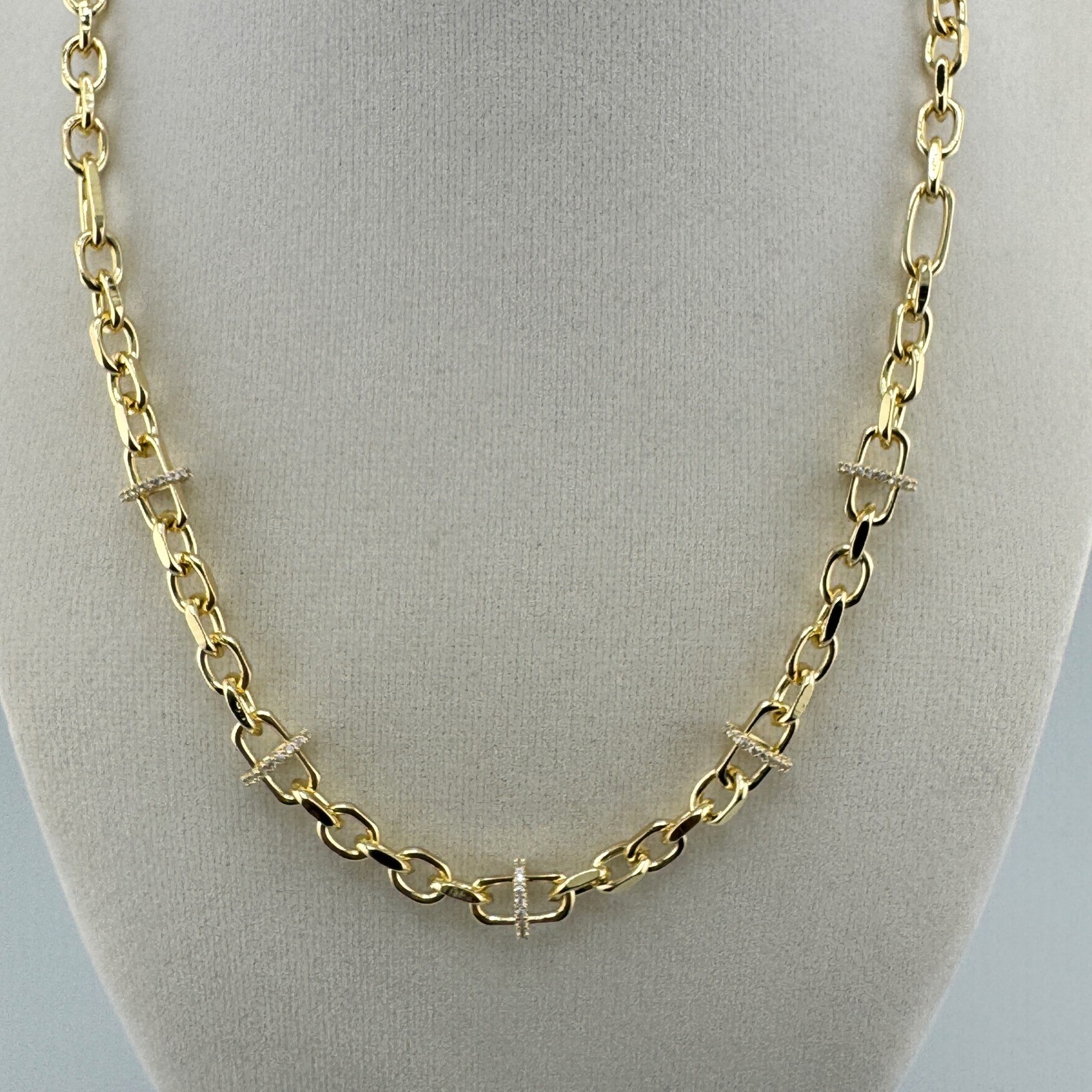 Gold Tone Pavé Crystal Bar Link Chain Necklace Adjustable Paperclip Style