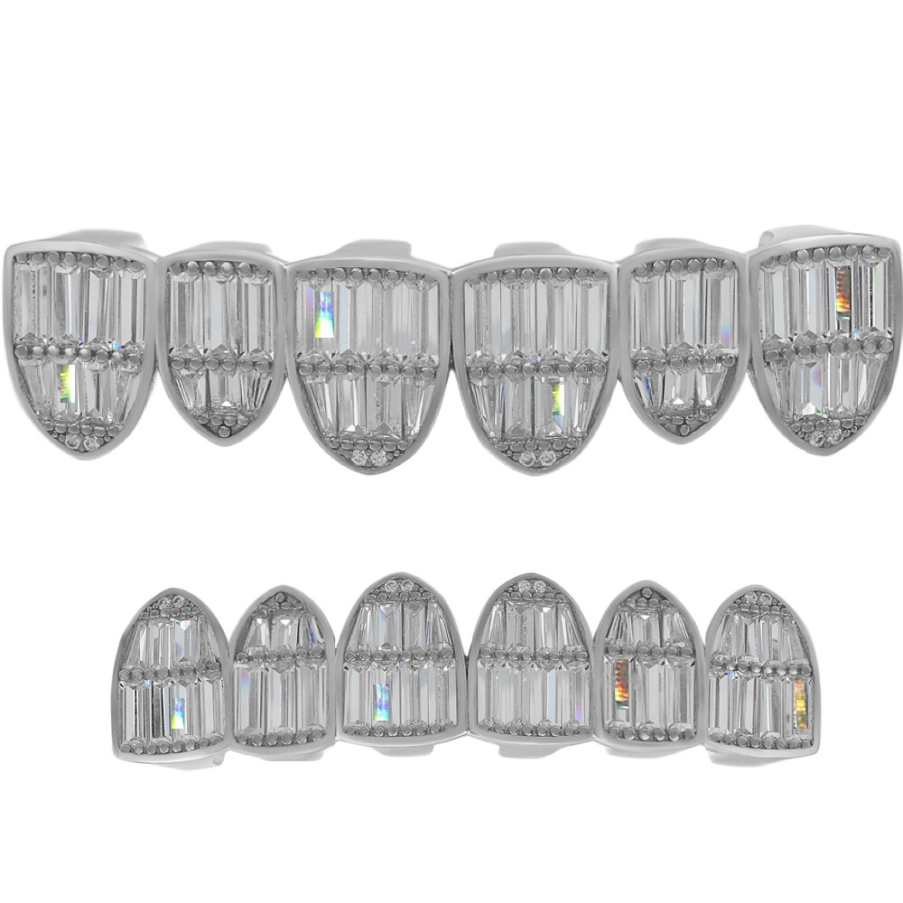 Real Solid Hip Hop 925 Sterling Silver Grillz Baguette Diamond Iced Grills Set