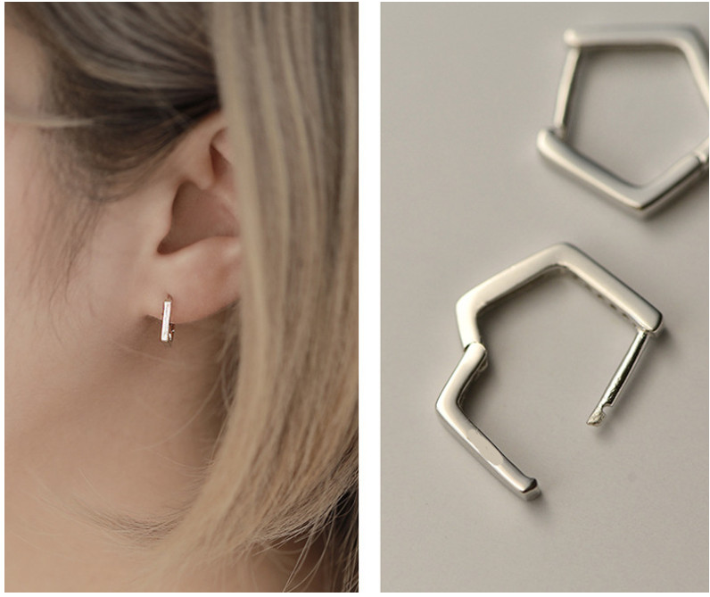 Women 925 Silver Tone Geometric Pentagon CZ Huggie Hoop Earrings 14mm TH1