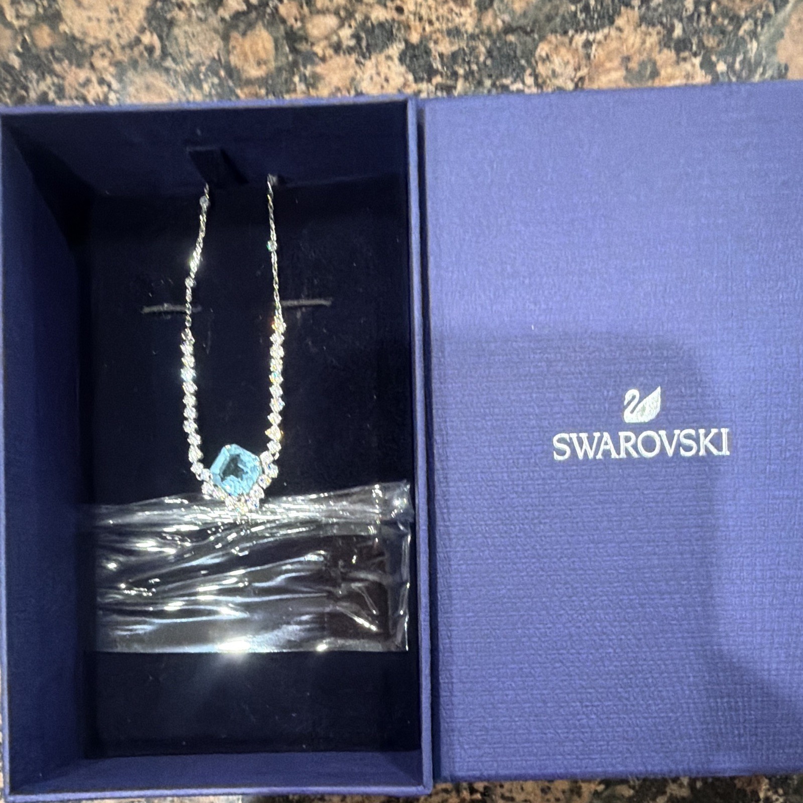 Swarovski Signed Silver Tone Square Blue Crystal Pendant Cable Necklace
