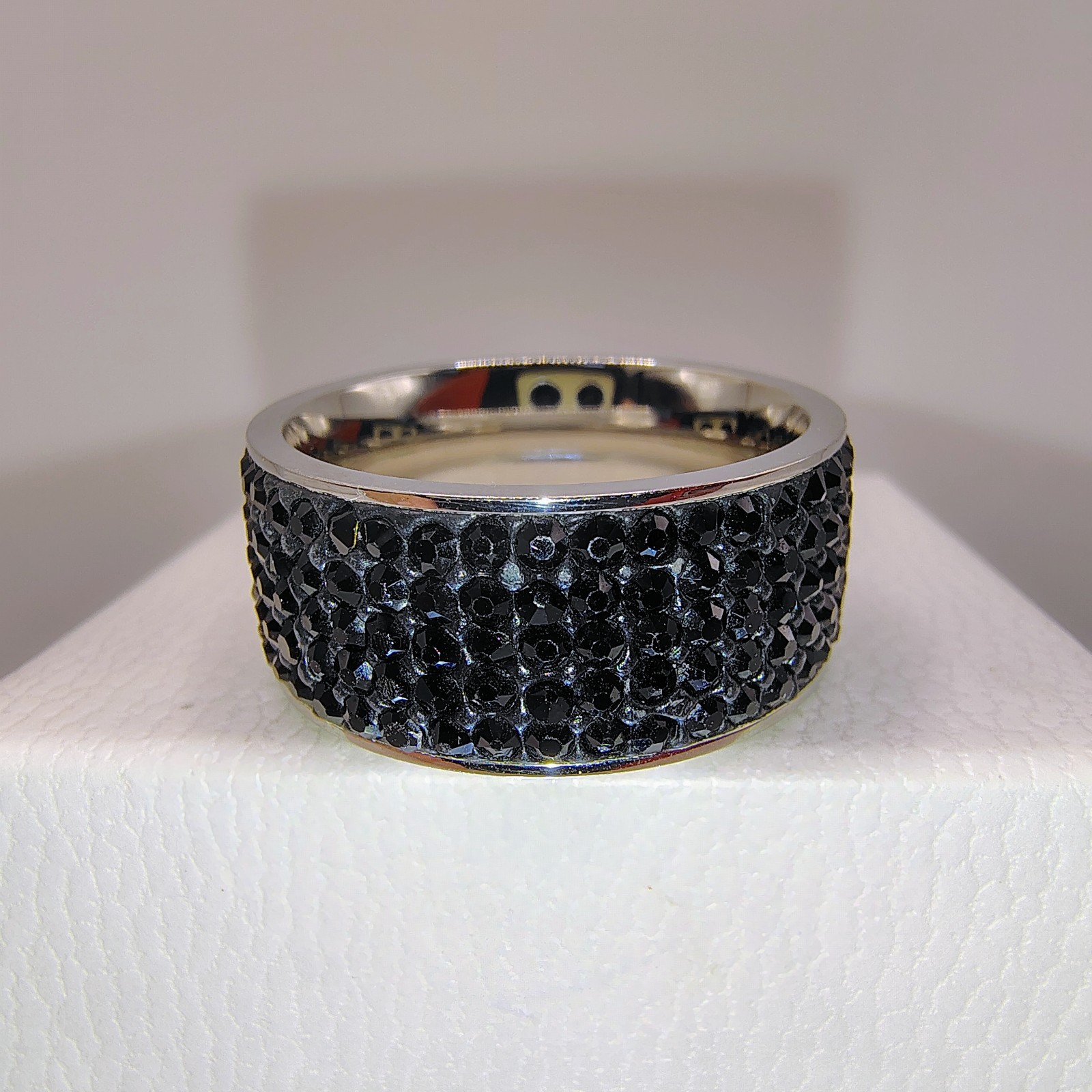 Black Crystal Pave Stainless Steel Band Ring Wide Sparkle Fashion Size 10.5