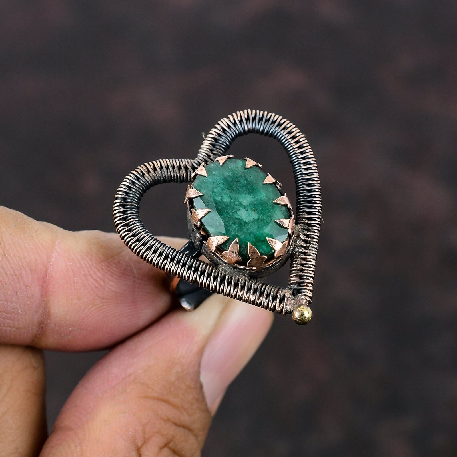 Valentines Deal Zambian Emrald Stone Copper Statement Wire Wrapped Ring Jewelry
