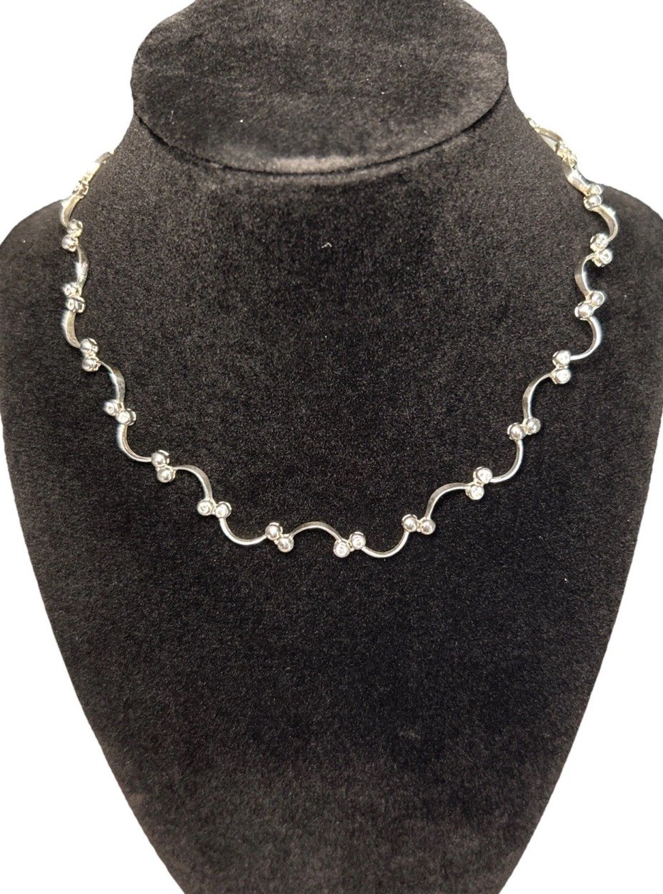 Vintage 925 Sterling Silver Scallop Bib Choker Necklace CZ’s 15 inch