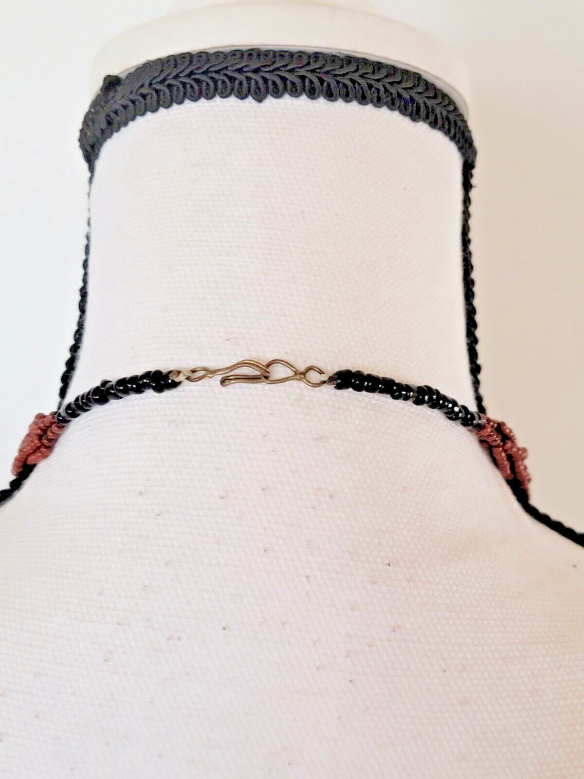 Vintage African Terracotta Pendant Necklace Beaded Handmade Brown Black & White