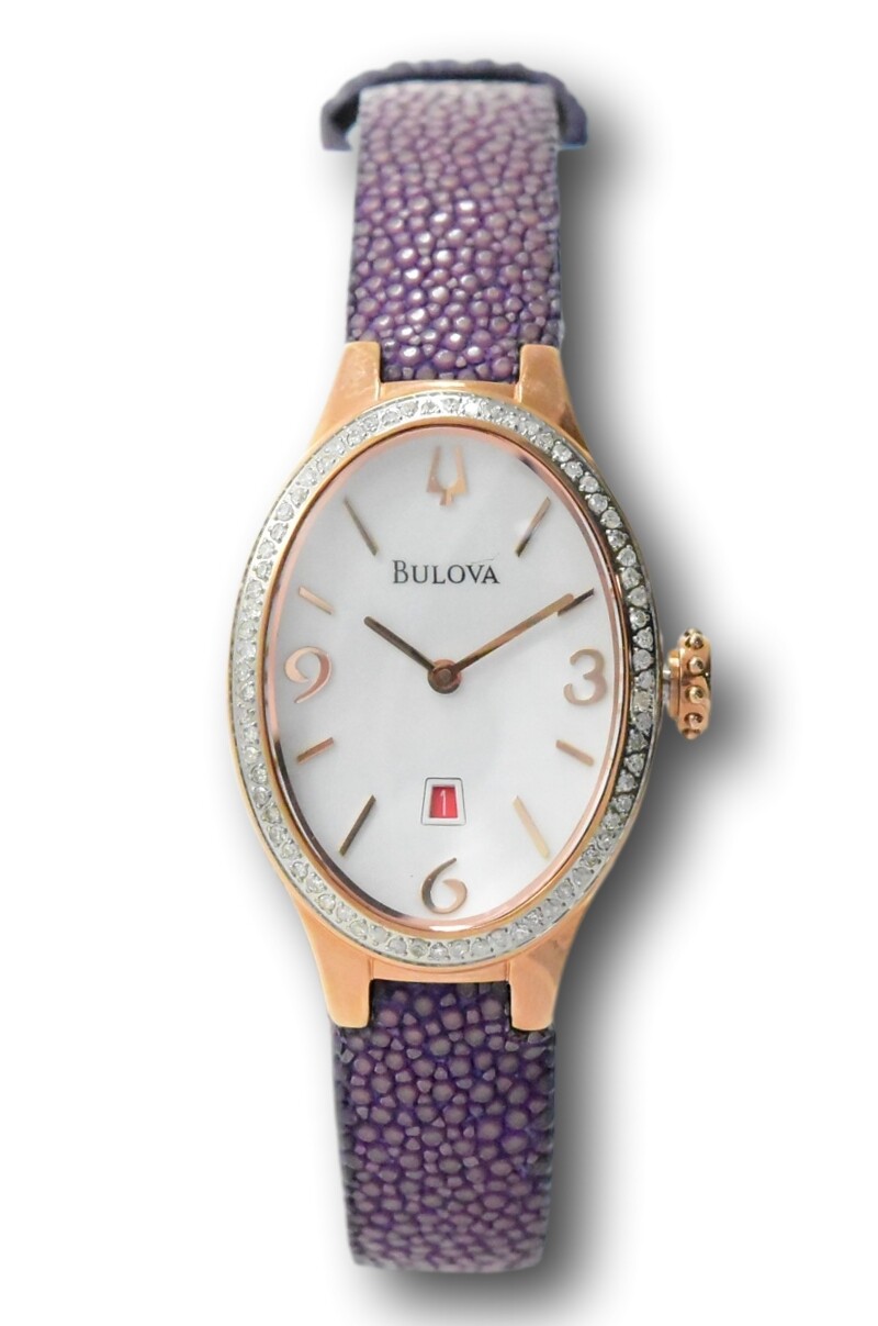 Bulova Women’s 25mm Rose Gold Diamond Bezel Purple Stingray Leather Watch 98R198