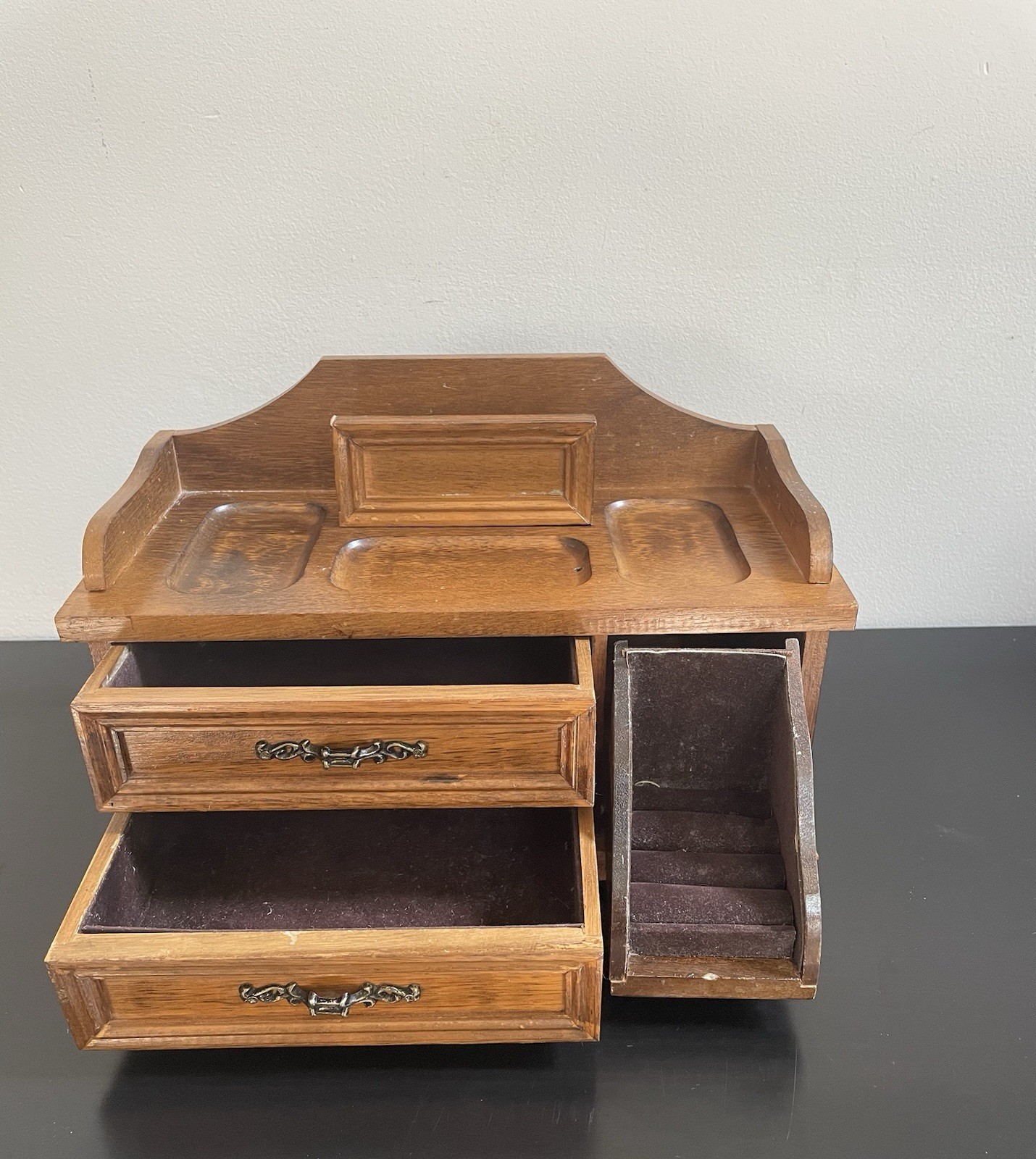 Vintage 1970s Carved Walnut Desktop Jewelry Box 3 Drawers 12”x 8,5”x 6”