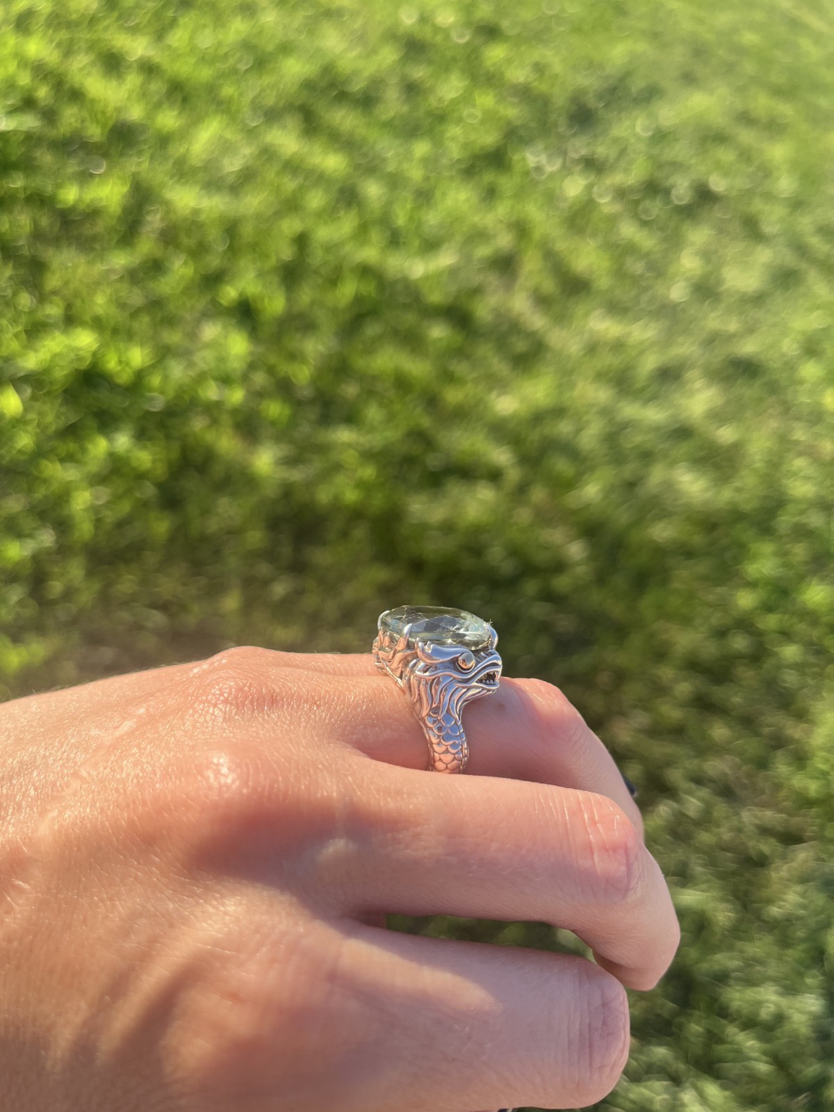 John Hardy NAGA 18kt Gold and .925 Silver, Green Amethyst Ring, SZ 5