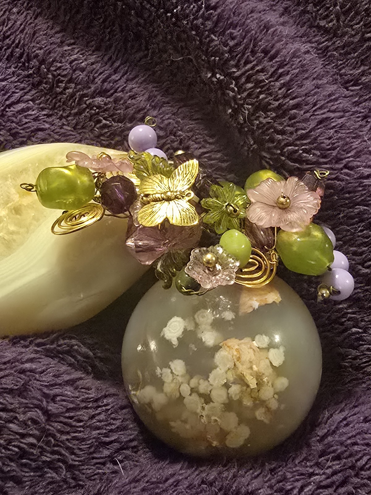 Handmade Gold Tone Metal Flowers Brooch Pin w/ Green & Purple Acrylic Beads