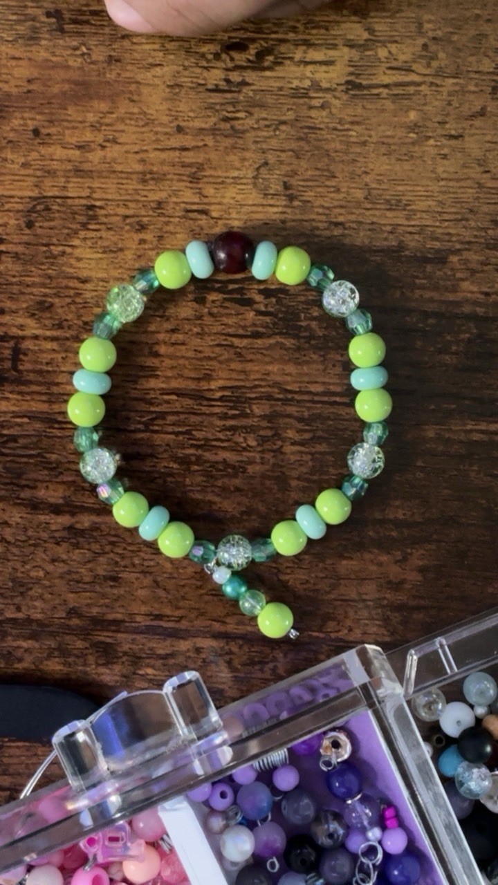 Handmade Green/Blue Glass & Plastic Beaded Bracelet w/ Dangle Charm, #067