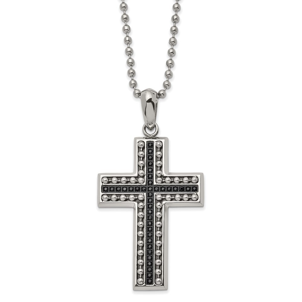 Chisel Unisex Necklace Stainless Steel Polished with Black CZ Cross, 22 inch