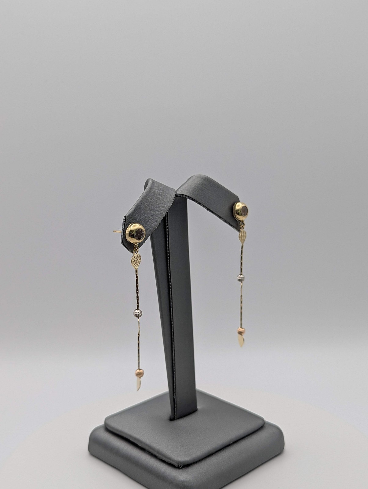 14K Tri Color Dia Cut Heart Dangly Earrings