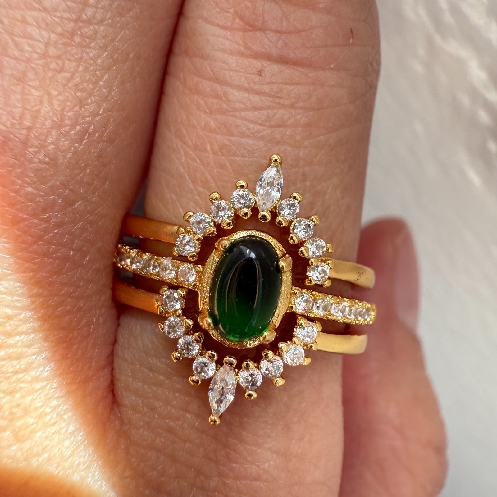925 Sterling Silver Ring 3in1 6x4mm Green Natural Emerald Gemstone Zircon Flower