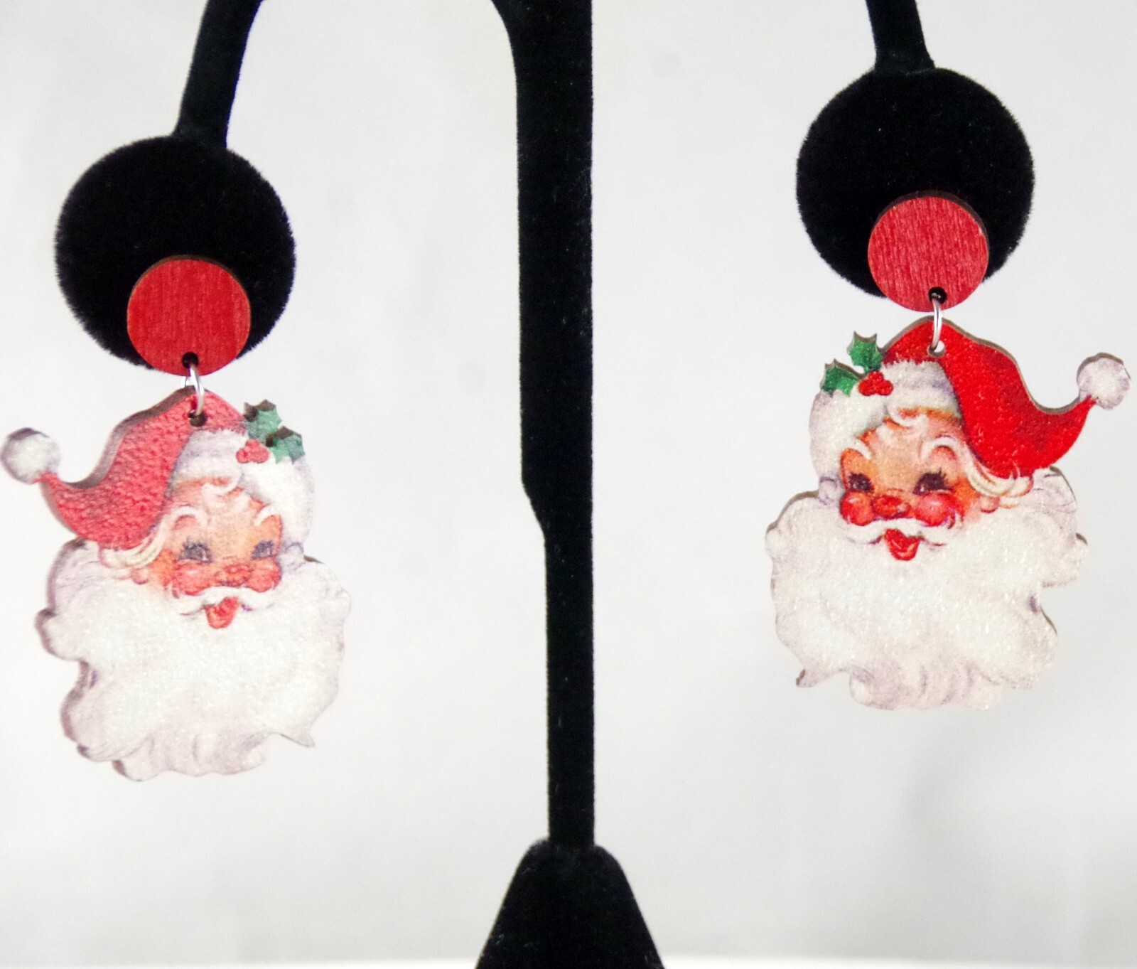 2″ NEW VINTAGE-LOOK RED SANTA CLAUS WOODEN CHRISTMAS DROP DANGLE EARRINGS