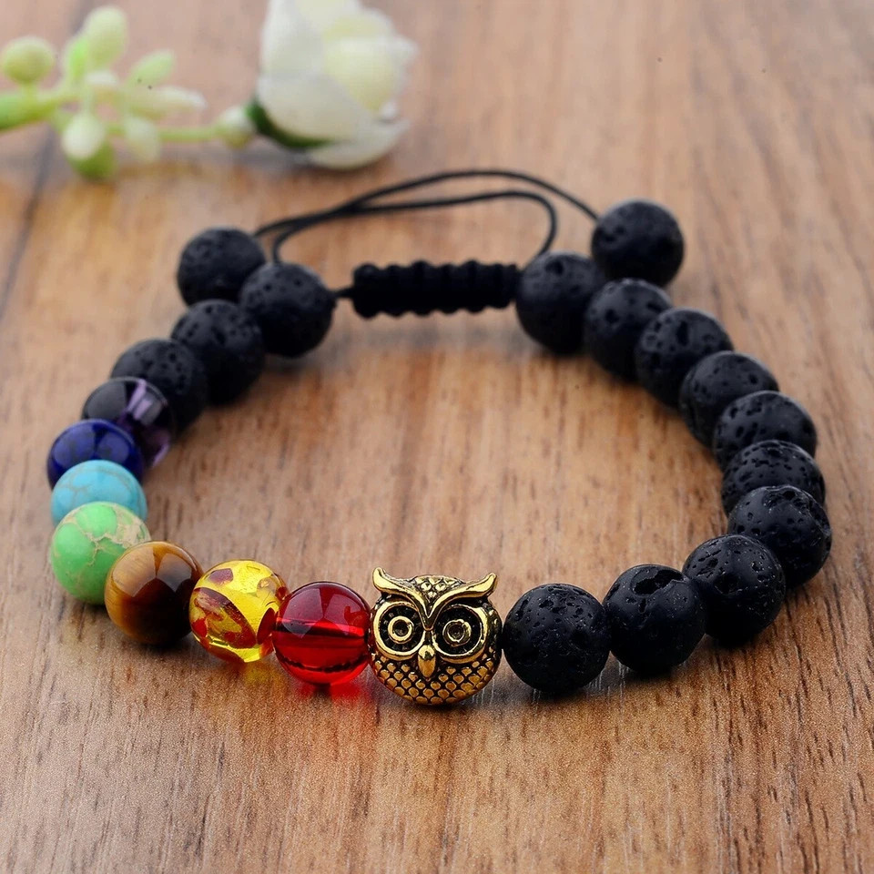 7 Chakra Adjustable Volcano Stone Beaded Bracelet with Owl Charm for Men