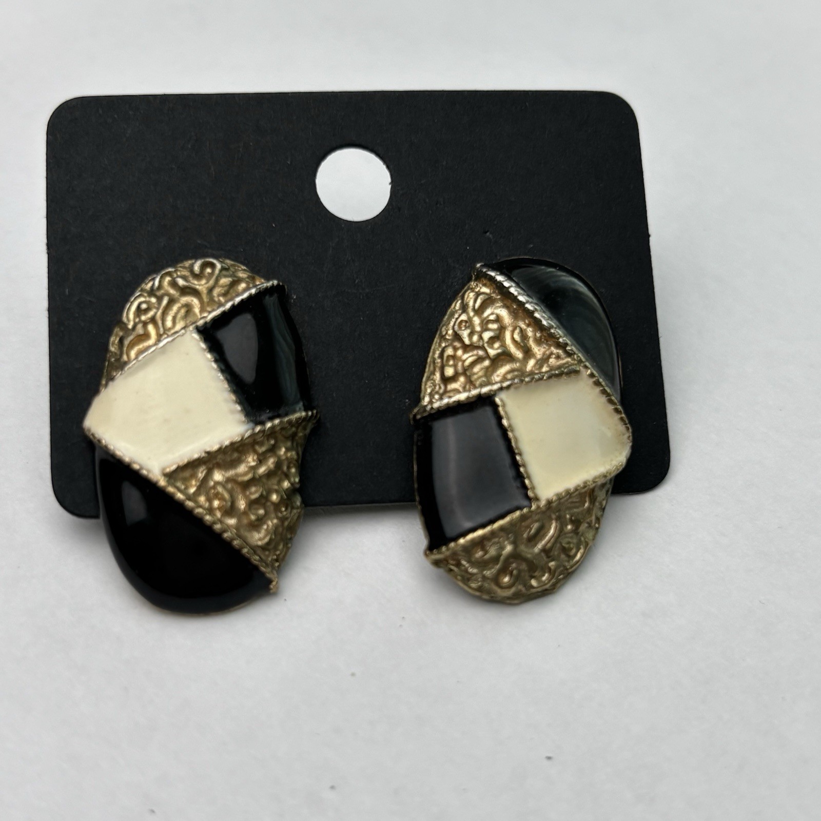 Vintage Enamel Earrings Black gold cream BOLD 90’S Textured Post Pierced Backs