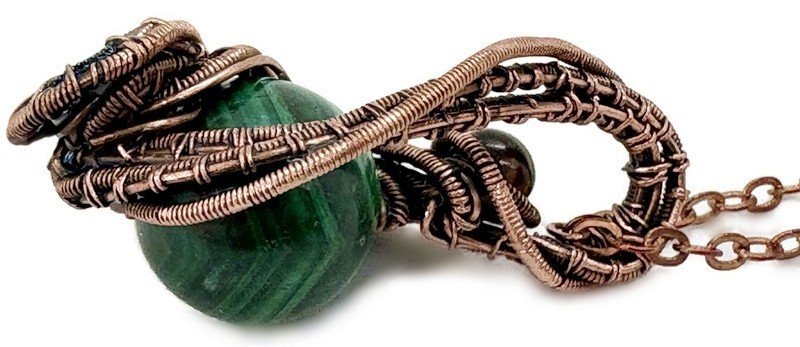Steampunk Malachite Pendant, Wire-Wrapped in Bronze with Golden Tiger Eye