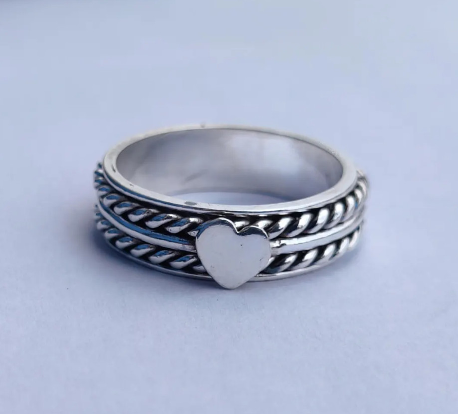 Handmade Vintage Twisted Rope Design Ring 925 Sterling Silver Heart Fidget Ring