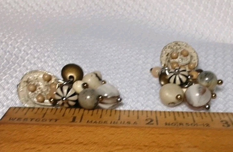 Earring Silver Tone Beige Tan Multicolor Different Shape Beaded Drop Dangle Clip
