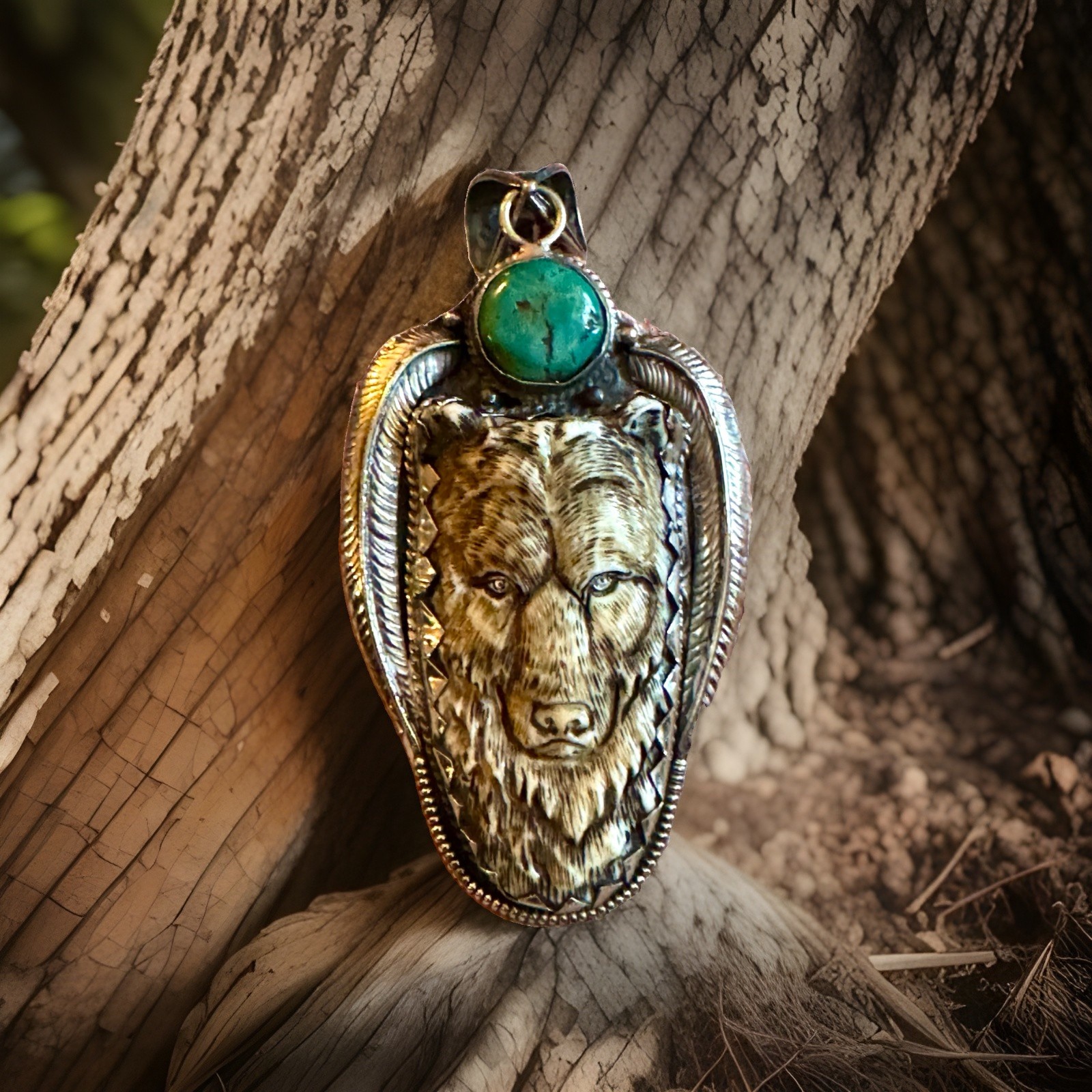 Hand Carved & Handmade Large Bone Pendant,Bear Face Art,Turquoise & Silver 58 gr