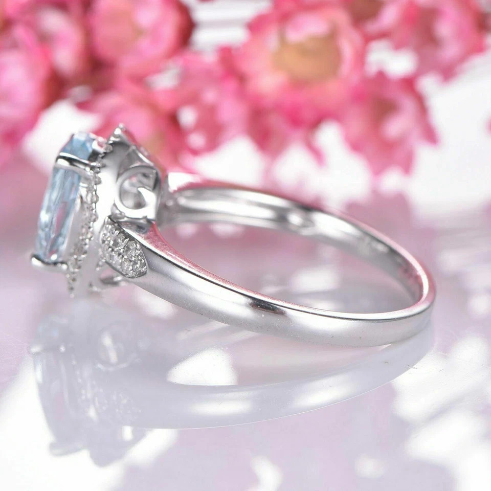 5.20 Ct Oval Cut Natural Aquamarine & Diamond 14K White Gold Engagement Ring