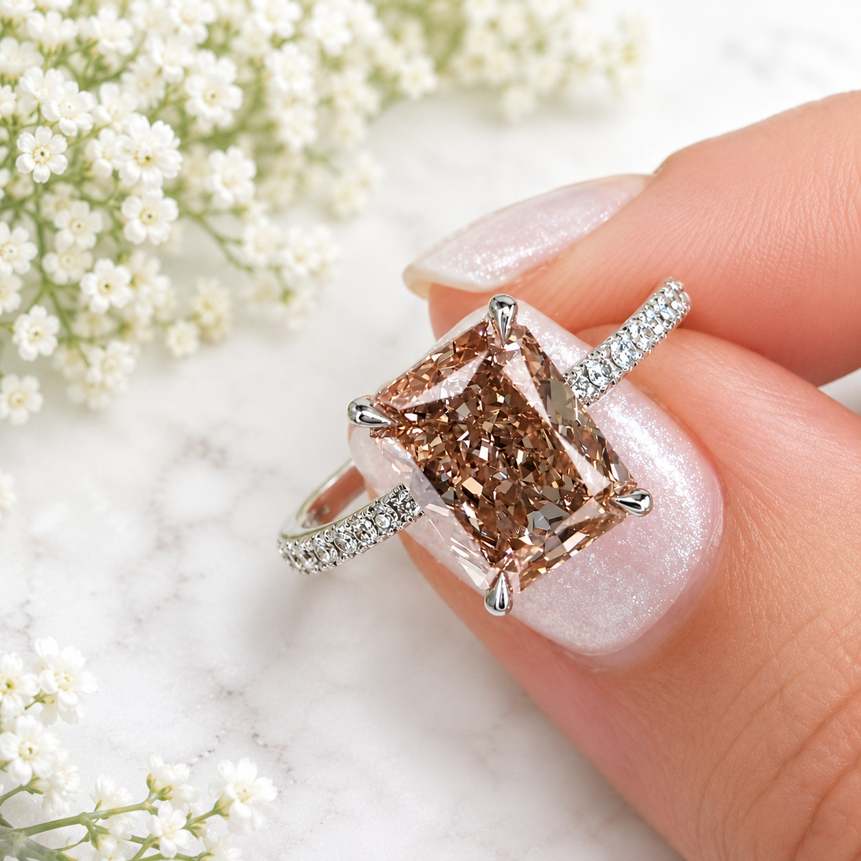 3.75 CT Radiant Cut Fancy Vivid Pink Lab Grown Diamond Women Ring 18K White Gold