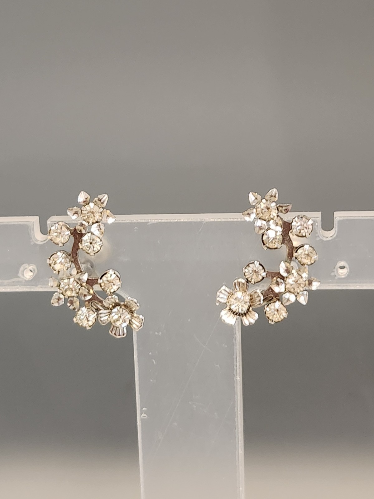 Vintage Flower Rhinestone Climber Earrings Screw Back Mid-Century Statement