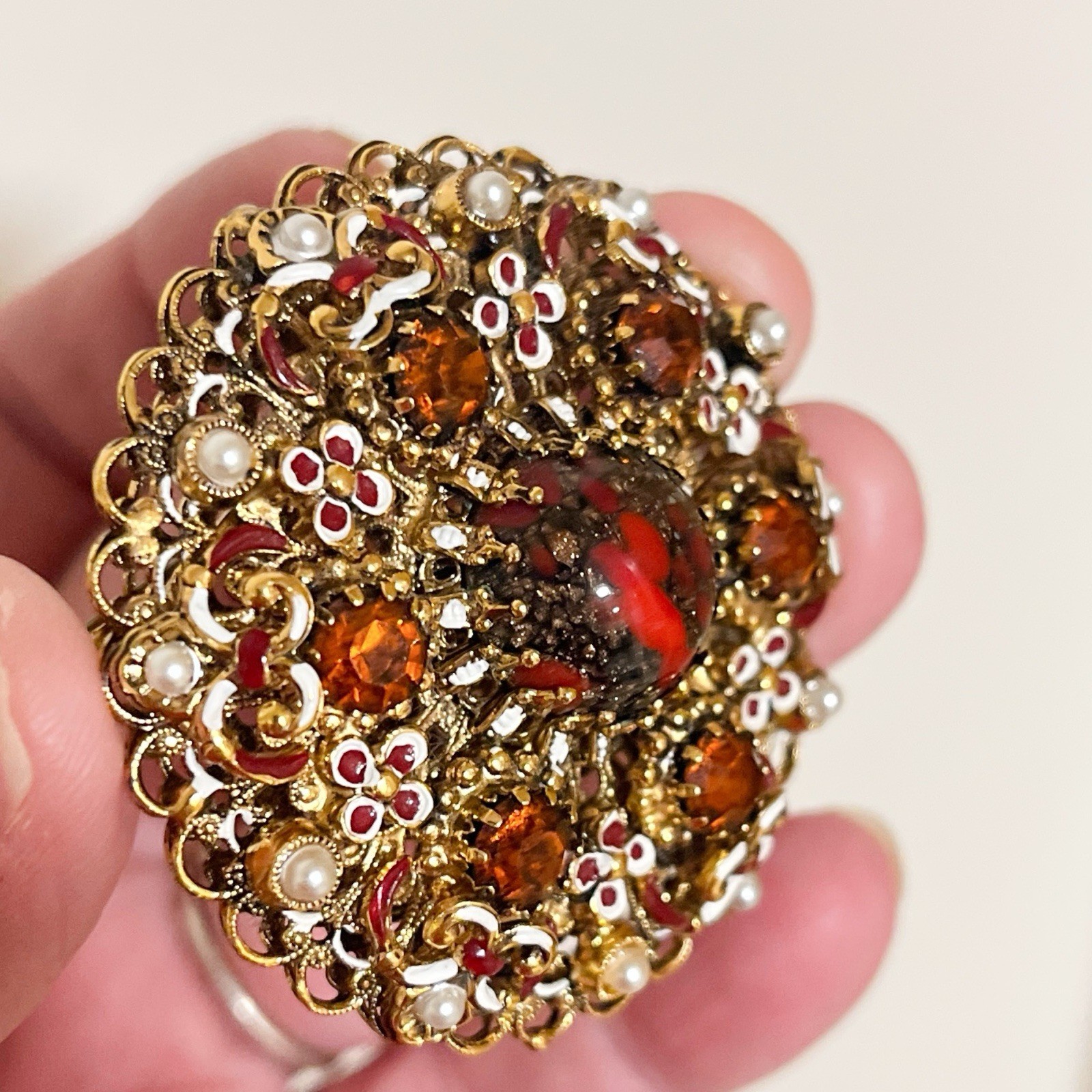 Vintage Brooch Signed Made in Austria Rhinestone Filigree Enameled 1960s