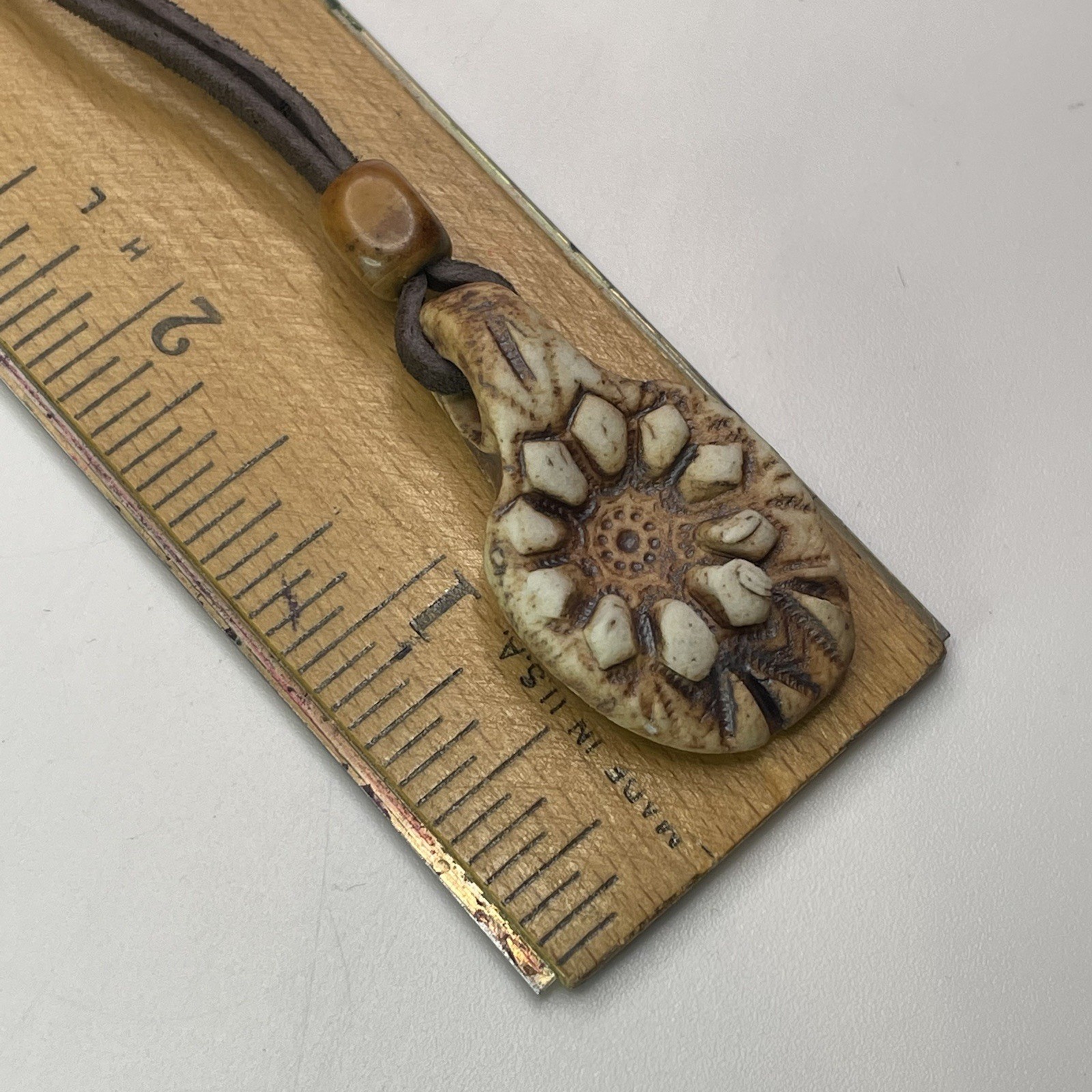 1970s Vintage Cermic Charm necklace Stone Bead Leather Cord Approx 24” Handmade