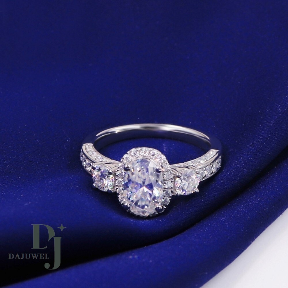 Moissanite Halo Engagement Ring Solid 14K White Gold 3 Carat Oval Cut VVS1