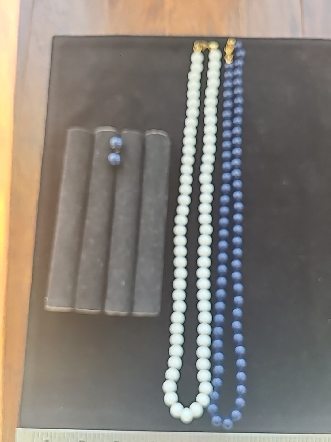 2 Monet Hand Knotted Glass Bead Necklaces Navy Blue White with blue earrings
