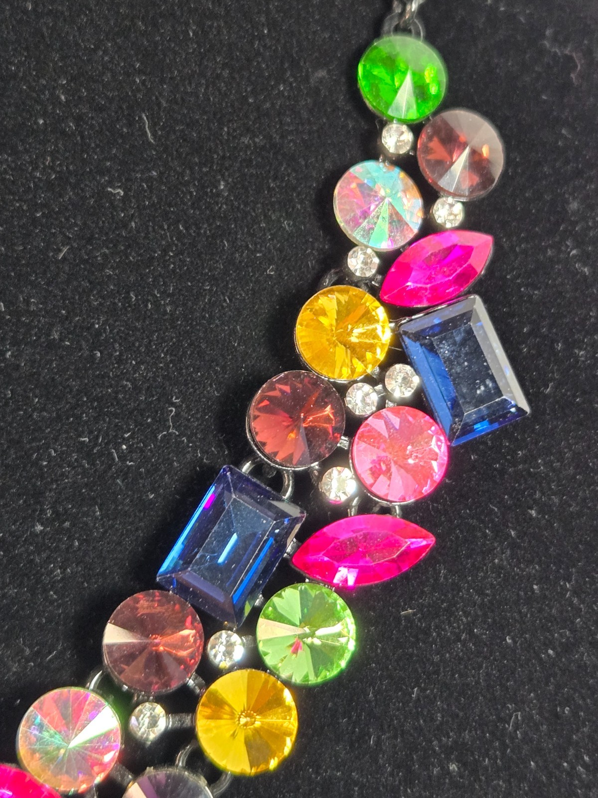 Multicolor Rhinestone Statement Bib Necklace Gunmetal Chain Bold Crystal Cluster
