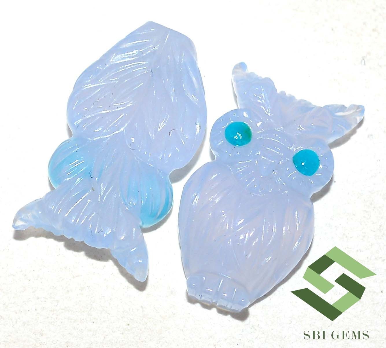 24×14 mm Natural Chalcedony Owl Shape Handmade Carving Pair 27.75 CTS Gemstones