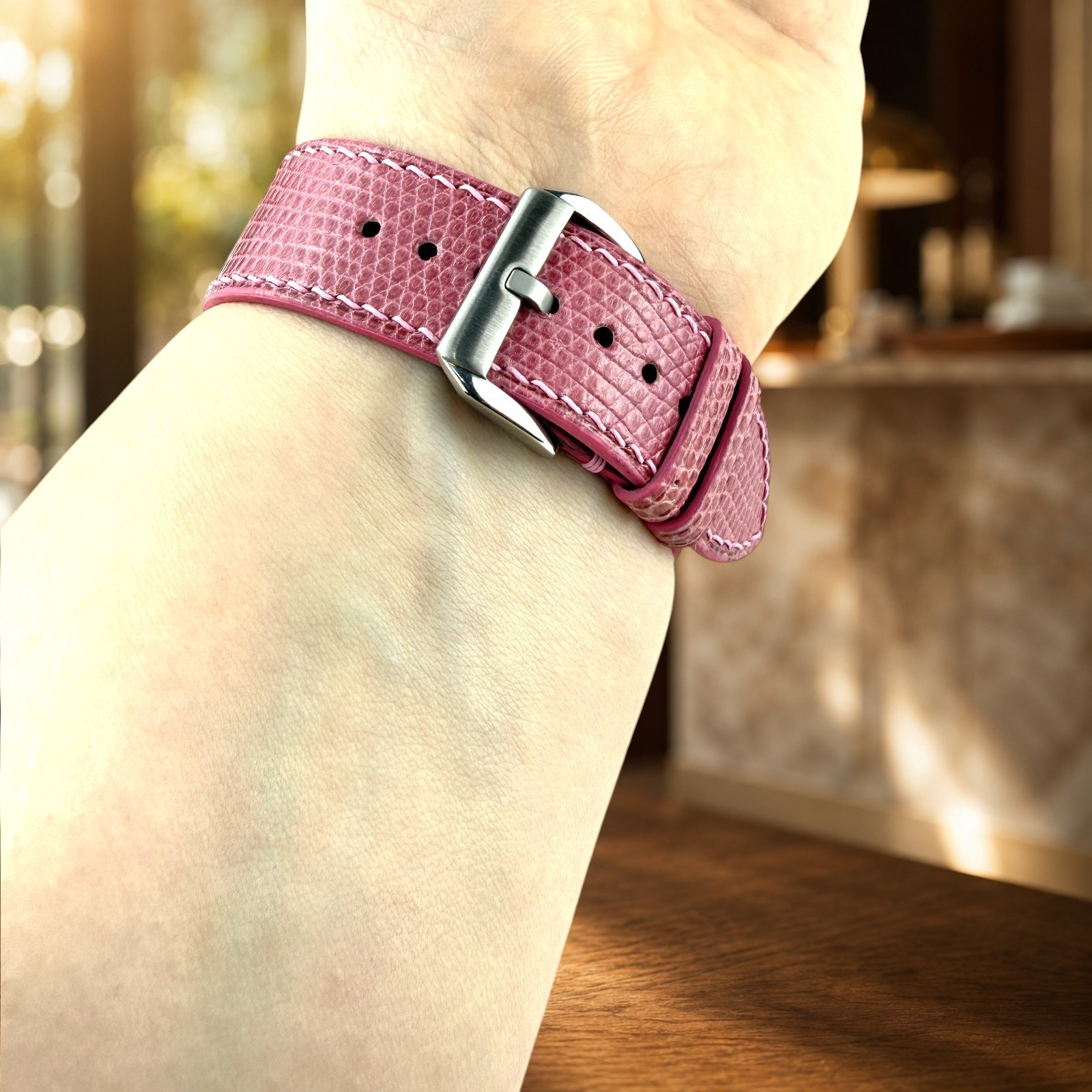 Genuine Lizard Leather Watch Band Strap 22mm Pink Handmade 316L Buckle