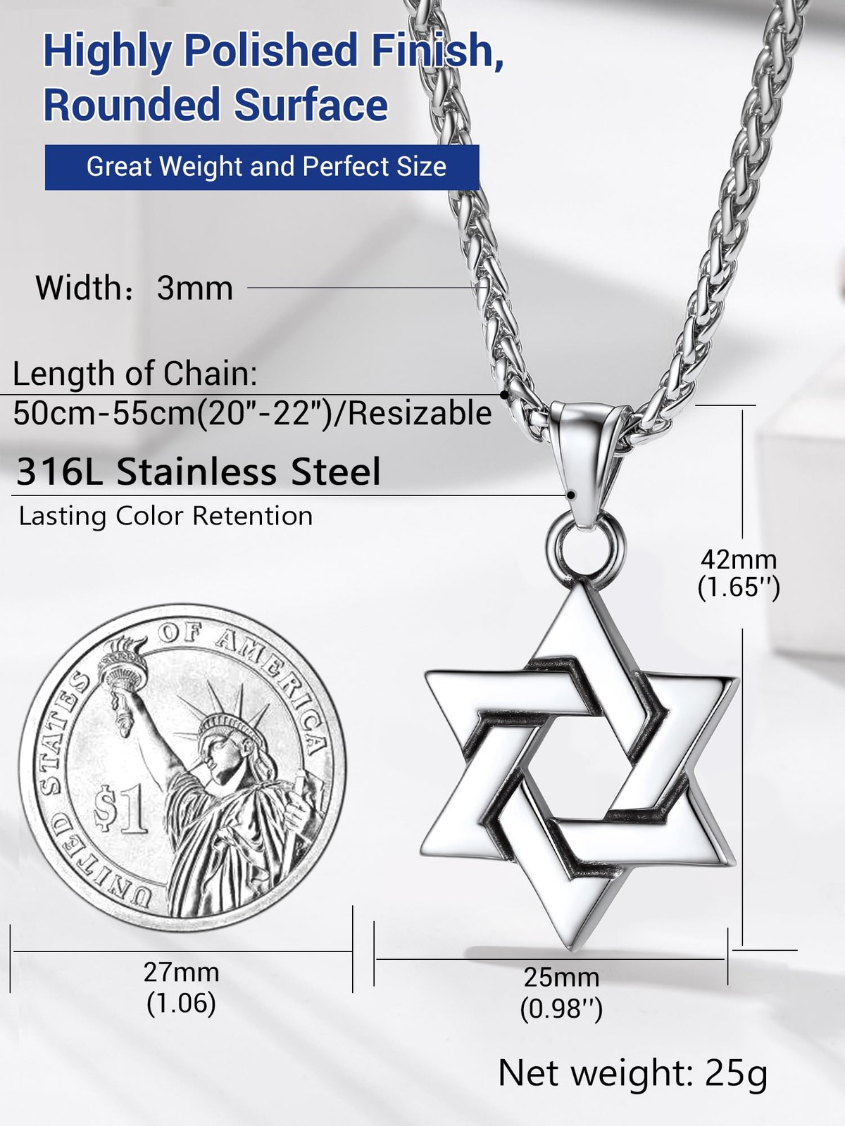 Star Of David Stainless Steel Necklace Pendant for Men Cool Chains Jewish Jew…