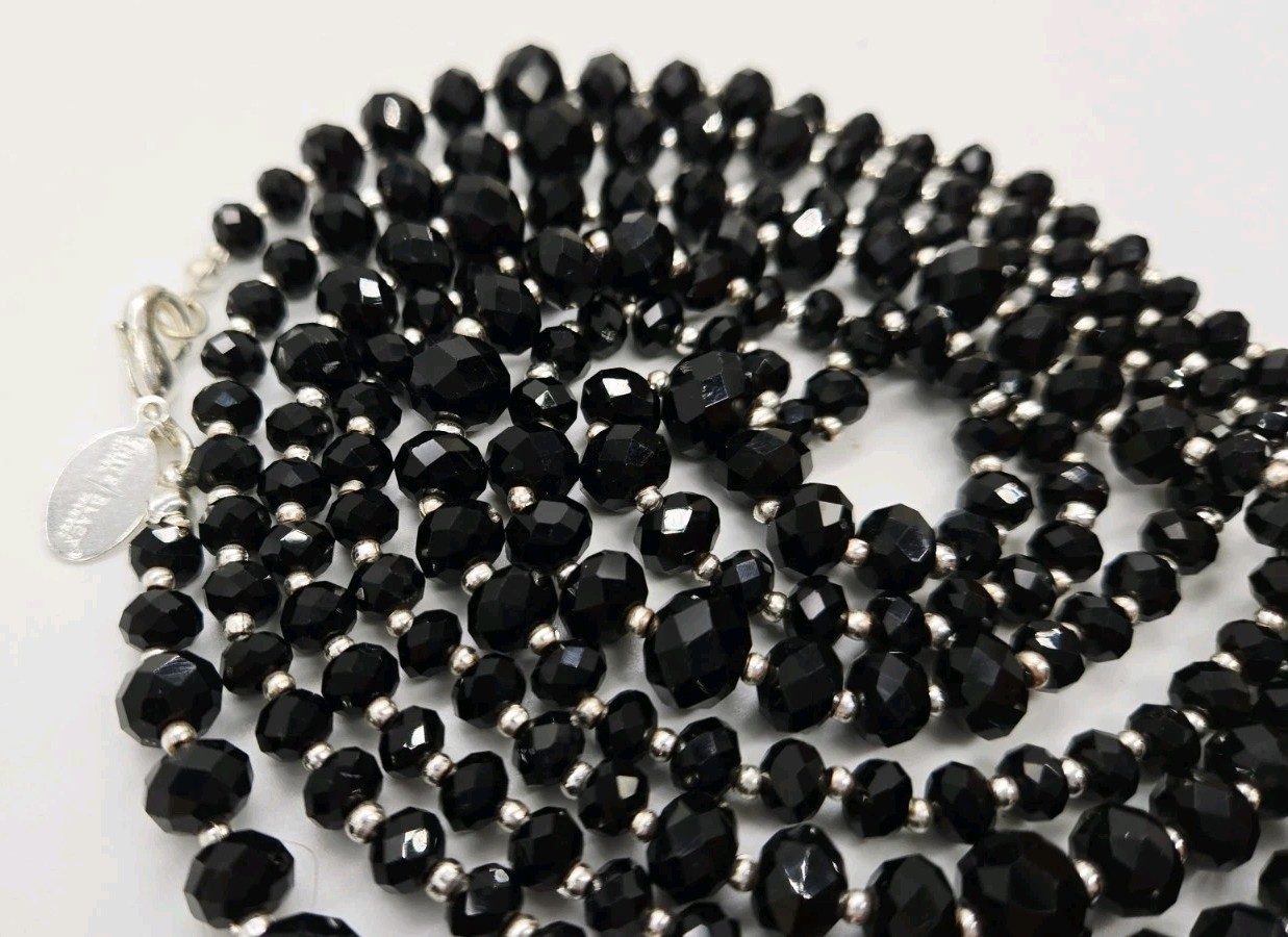 White House Black Market WHBM Silver tone Black Beaded Necklace 52 in Disco
