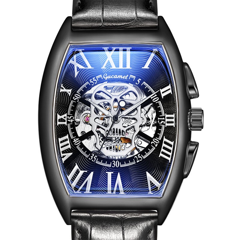 Automatic Skeleton Skull Watch Men’s Mechanical Barrel Case Leather Strap
