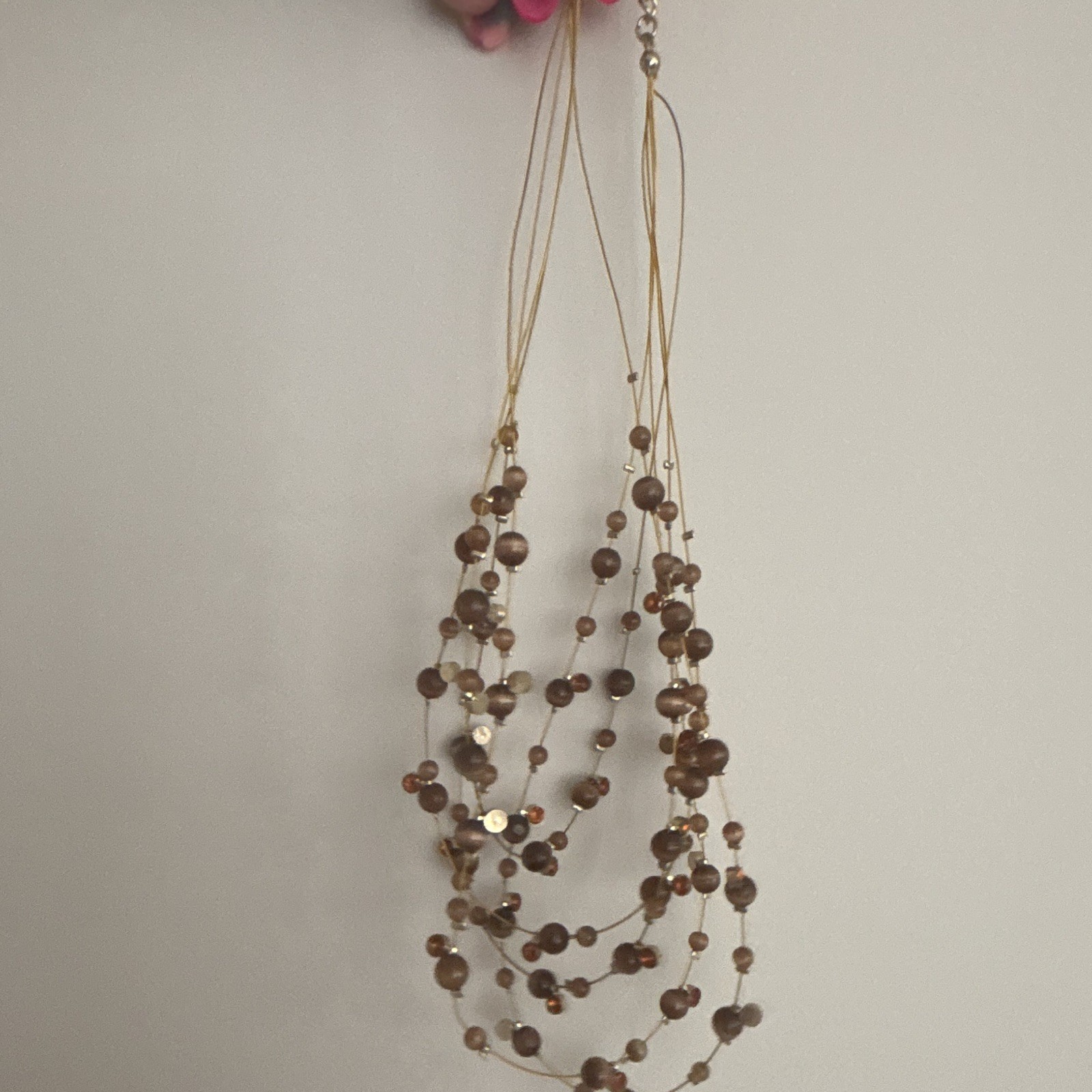Multi-Strand Layered Brown Glass Beaded Necklace Gold Tone Cable Chain Lobster