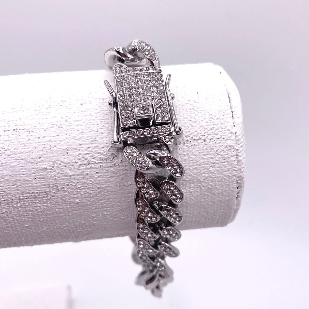 Silver Tone Cuban Link Full Rhinestones Pave Alloy Bracelet