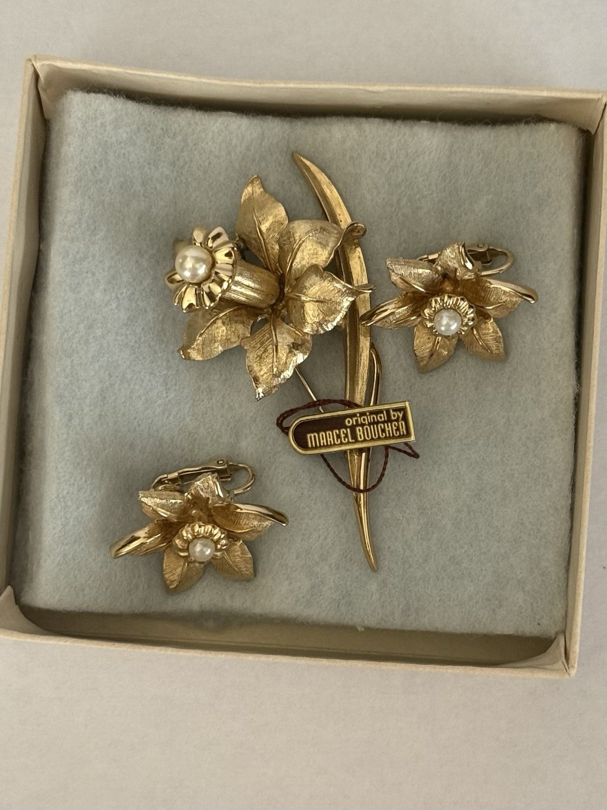 Vintage 1964 Marcel Boucher Jonquil Daffodil Brooch Earring Set Box Tags 8692
