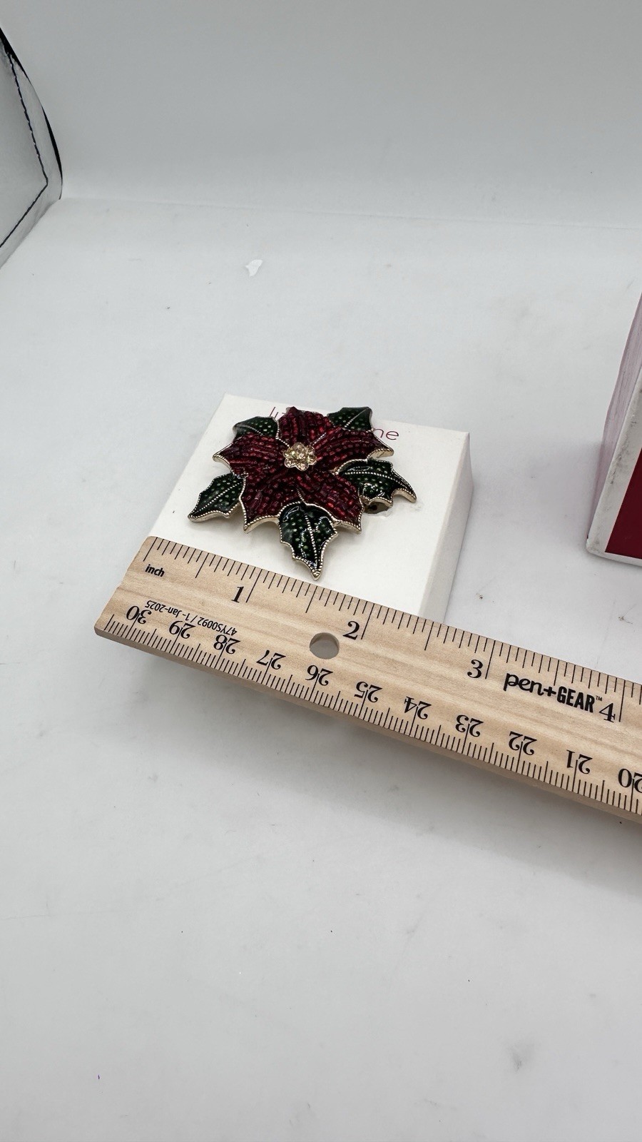 Liz Claiborne Poinsettia Brooch Pin Red Green Rhinestone Beaded w/ Box NWT