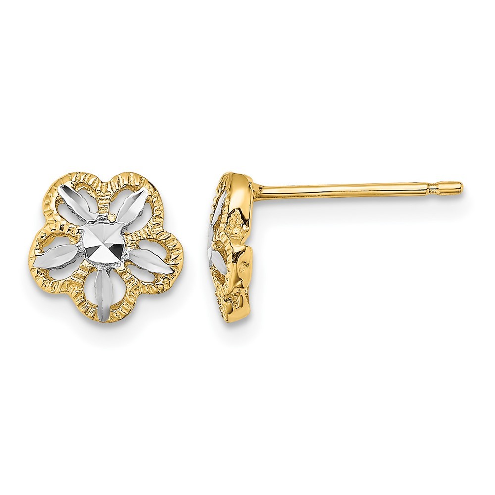 14k Yellow Gold Rhodium Diamond-cut Flower Stud Earrings Perfect Gift for Her