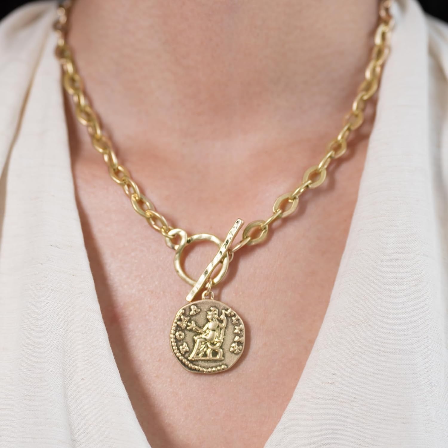 Chunky Coin Antique Gold Plated Thick Link Chain Layered Pendant Necklace for Wo